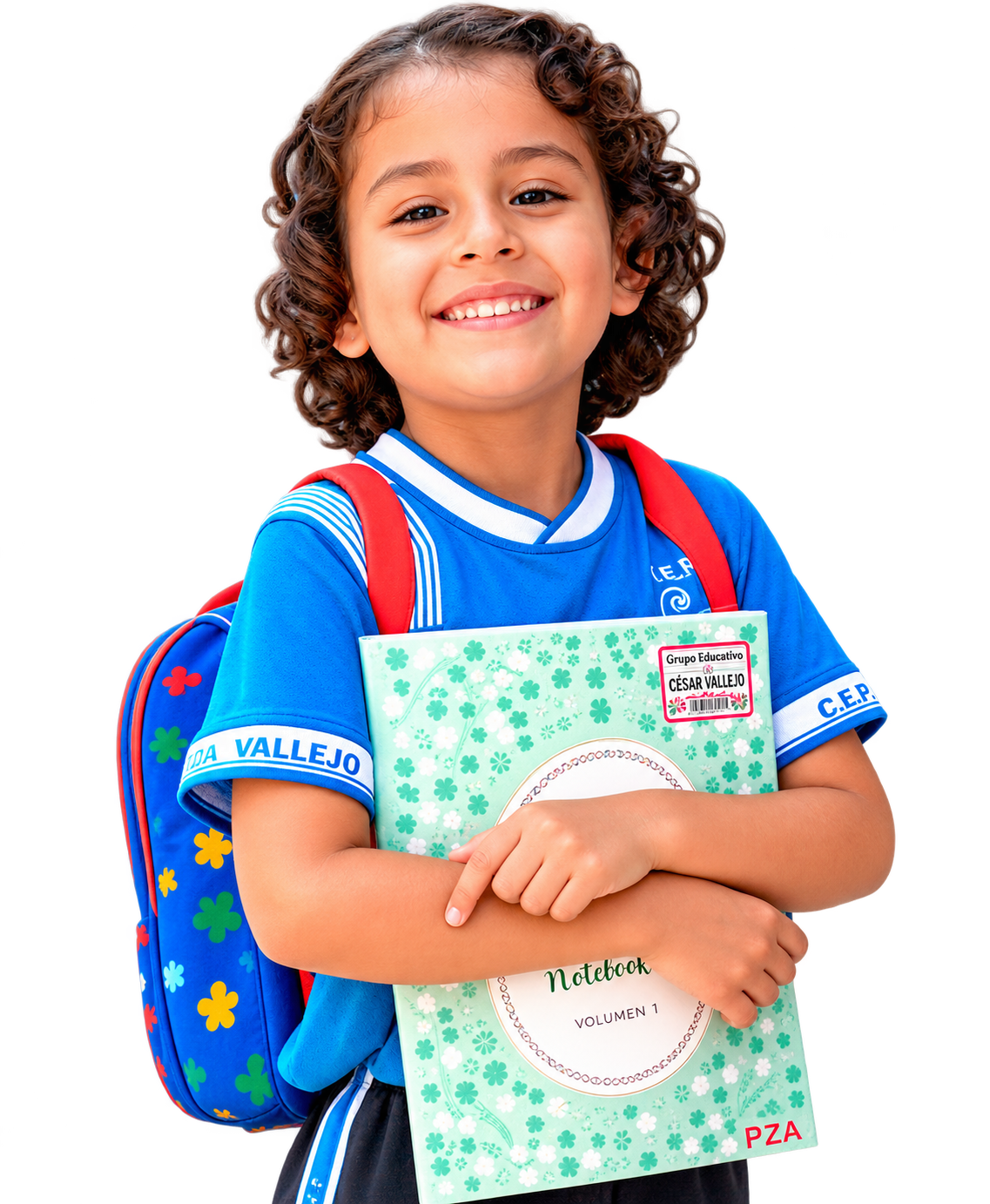 Estudiante de la institución sonriendo y sosteniendo su cuaderno